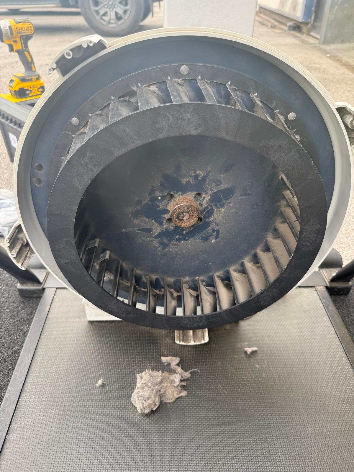 Concept2 flywheel before professional service — dirty and worn